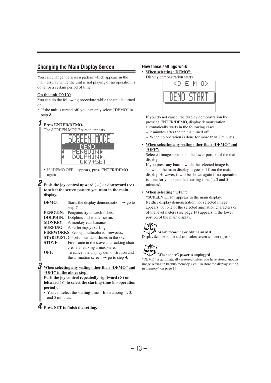 JVC CA-MXS6MD manual Changing the Main Display Screen, How these settings work 