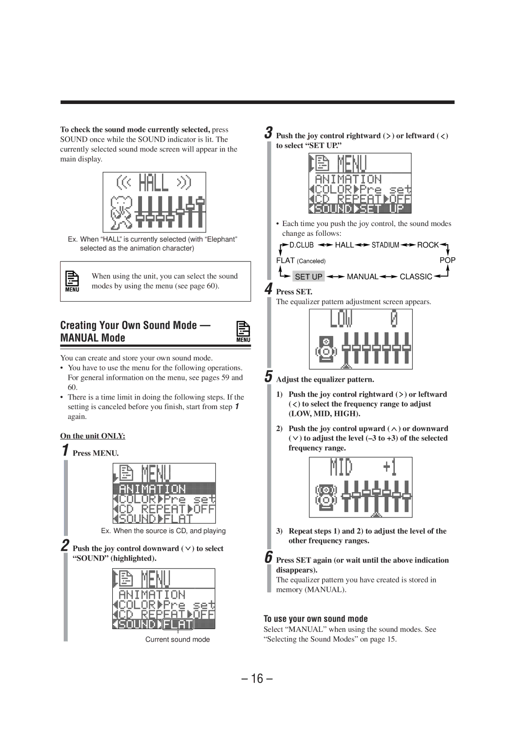 JVC CA-MXS6MD manual Creating Your Own Sound Mode Manual Mode, To use your own sound mode 