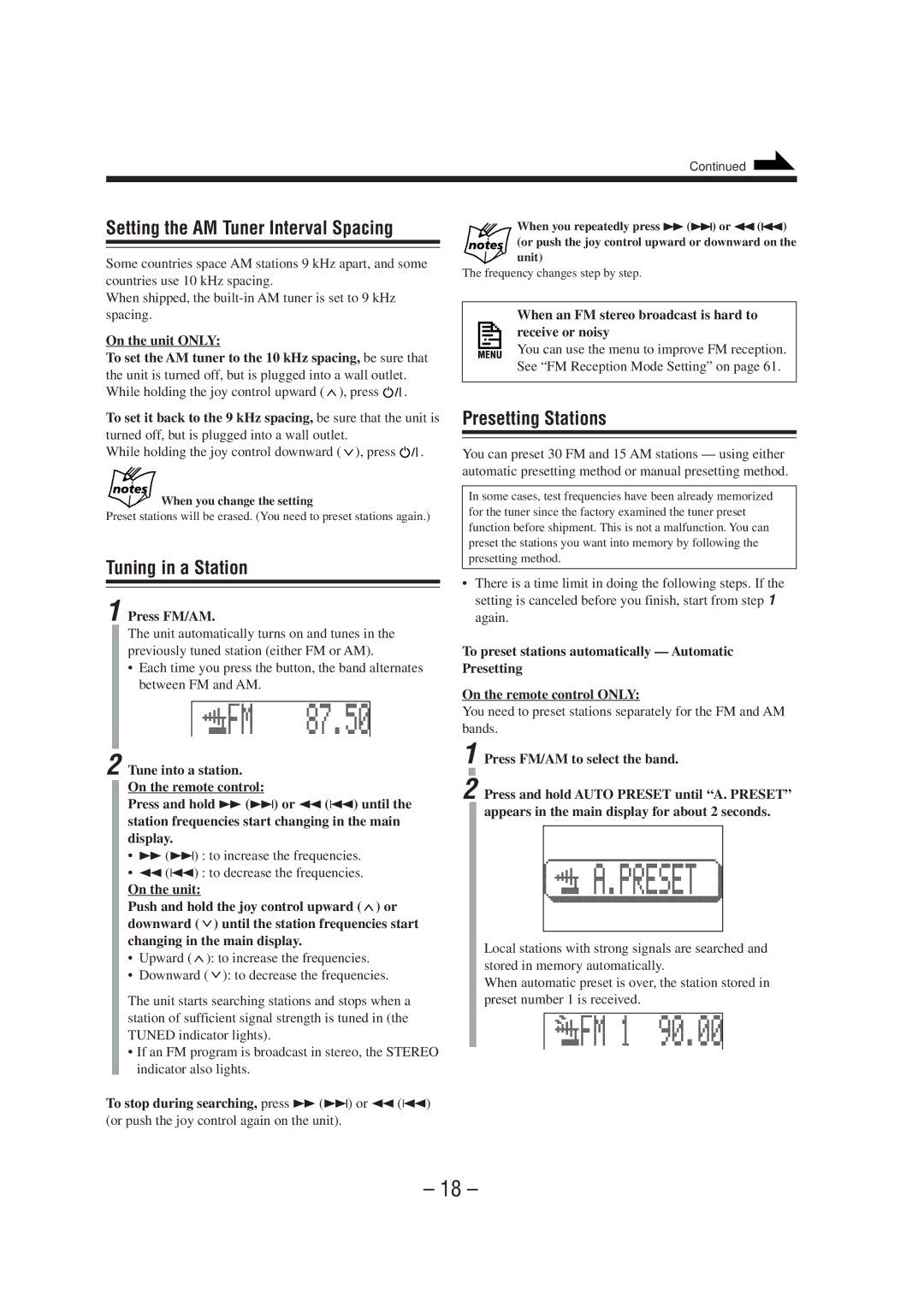 JVC CA-MXS6MD manual Setting the AM Tuner Interval Spacing, Tuning in a Station, Presetting Stations 