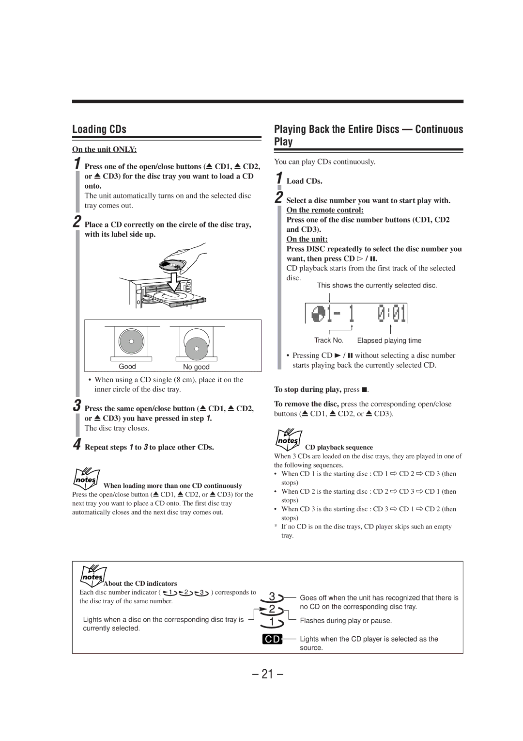 JVC CA-MXS6MD Loading CDs, Playing Back the Entire Discs Continuous Play, Load CDs, Repeat steps 1 to 3 to place other CDs 