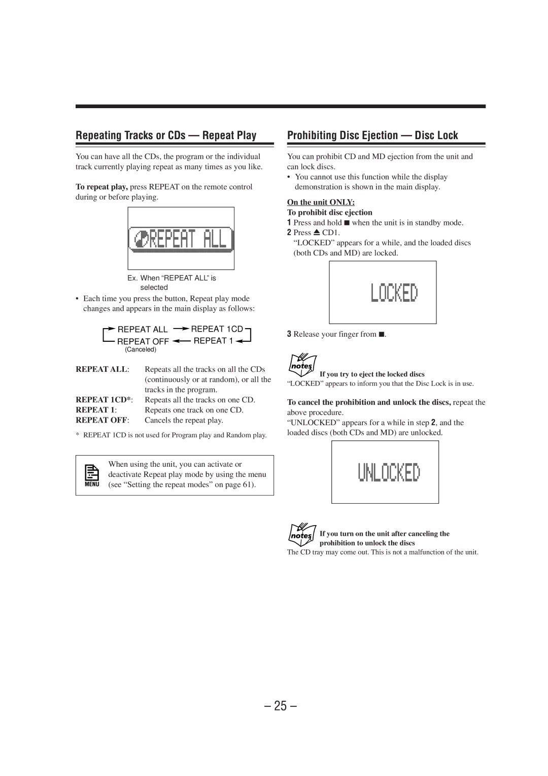 JVC CA-MXS6MD manual Repeating Tracks or CDs Repeat Play, Prohibiting Disc Ejection Disc Lock 