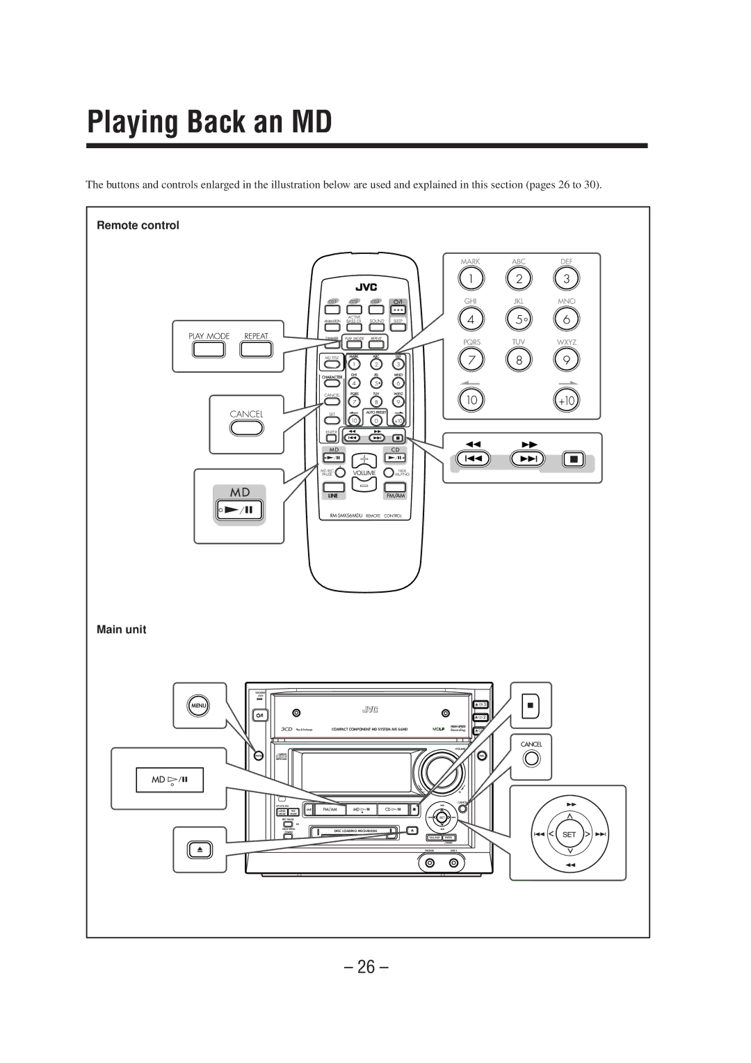 JVC CA-MXS6MD manual Playing Back an MD 