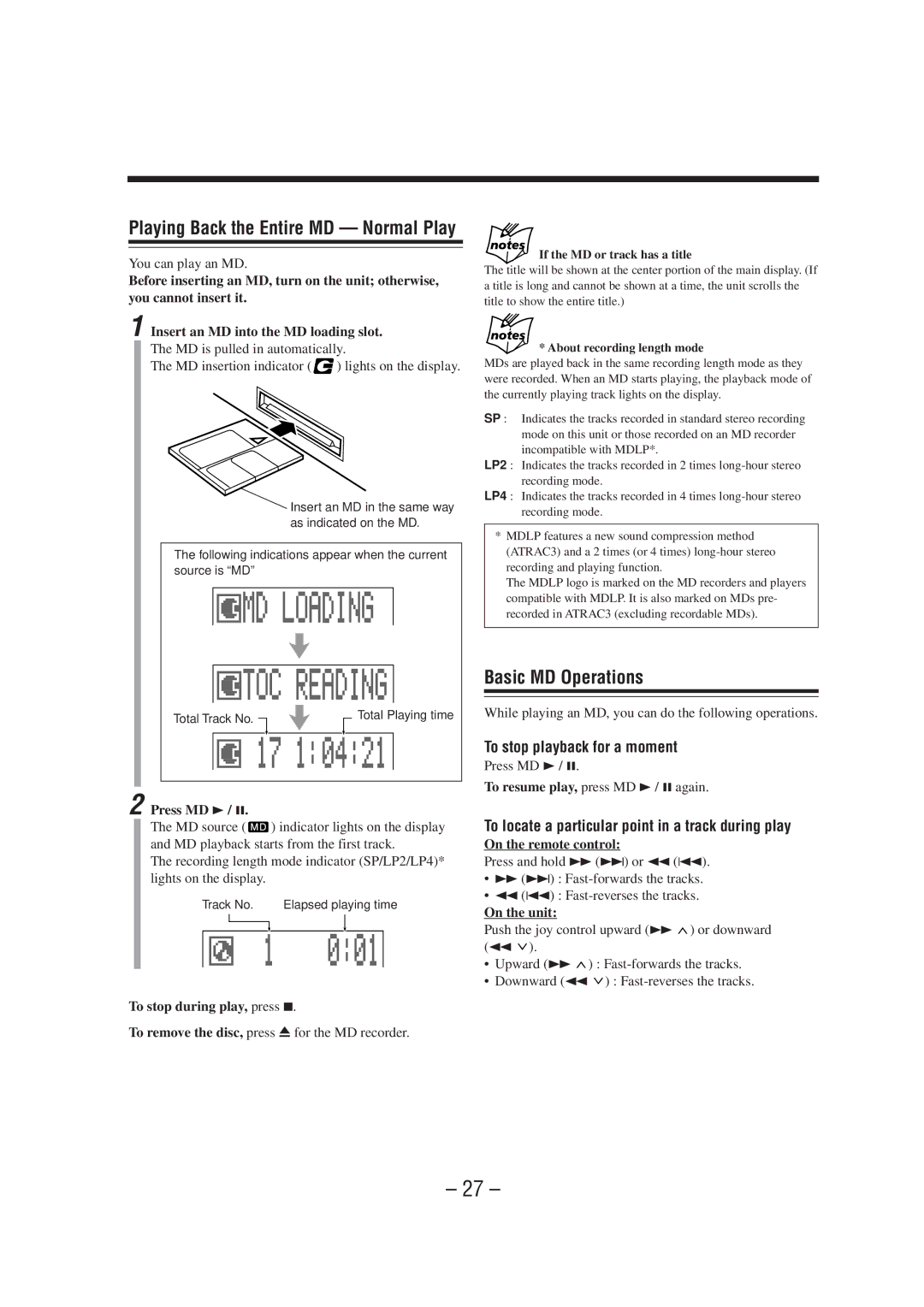 JVC CA-MXS6MD manual Basic MD Operations, To locate a particular point in a track during play, Press MD 3 