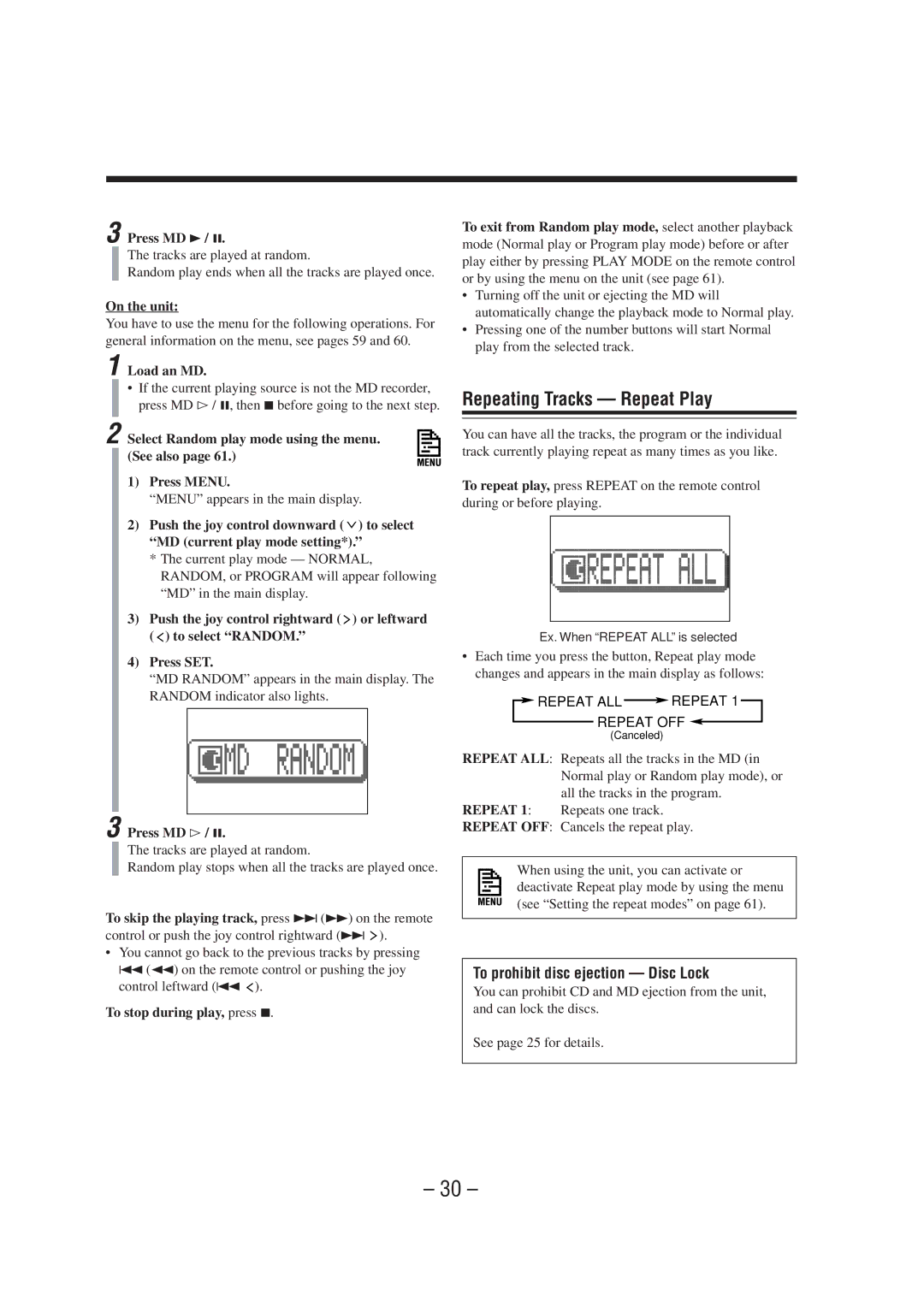 JVC CA-MXS6MD manual Repeating Tracks Repeat Play, To prohibit disc ejection Disc Lock 