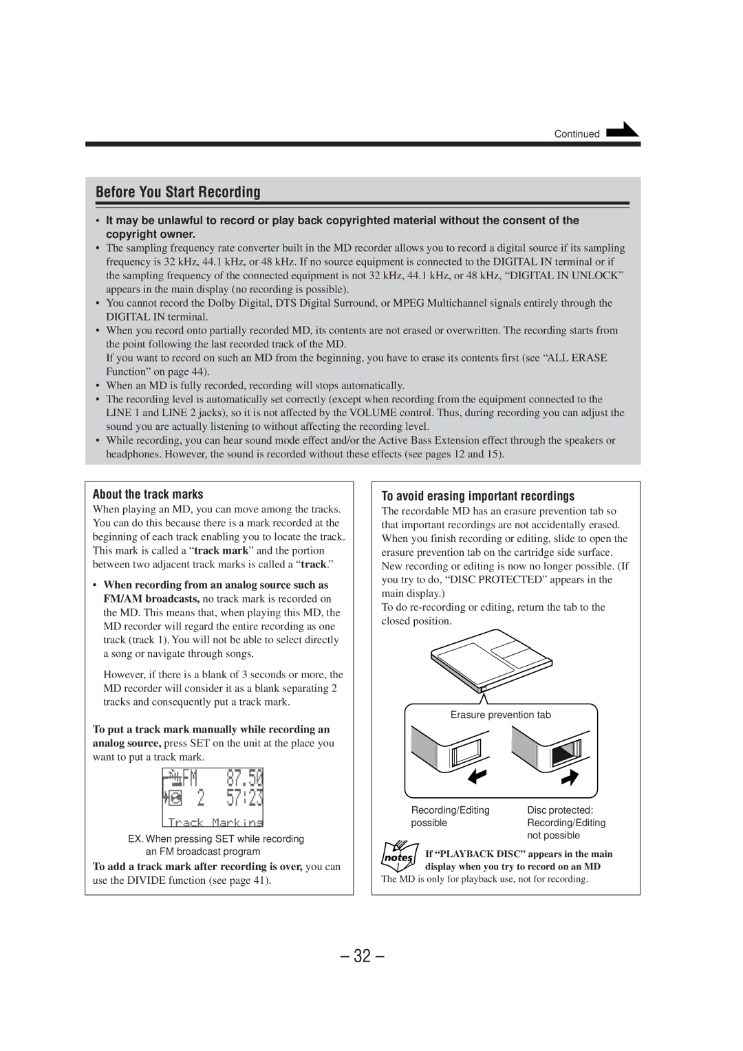 JVC CA-MXS6MD manual Before You Start Recording, About the track marks, To avoid erasing important recordings 