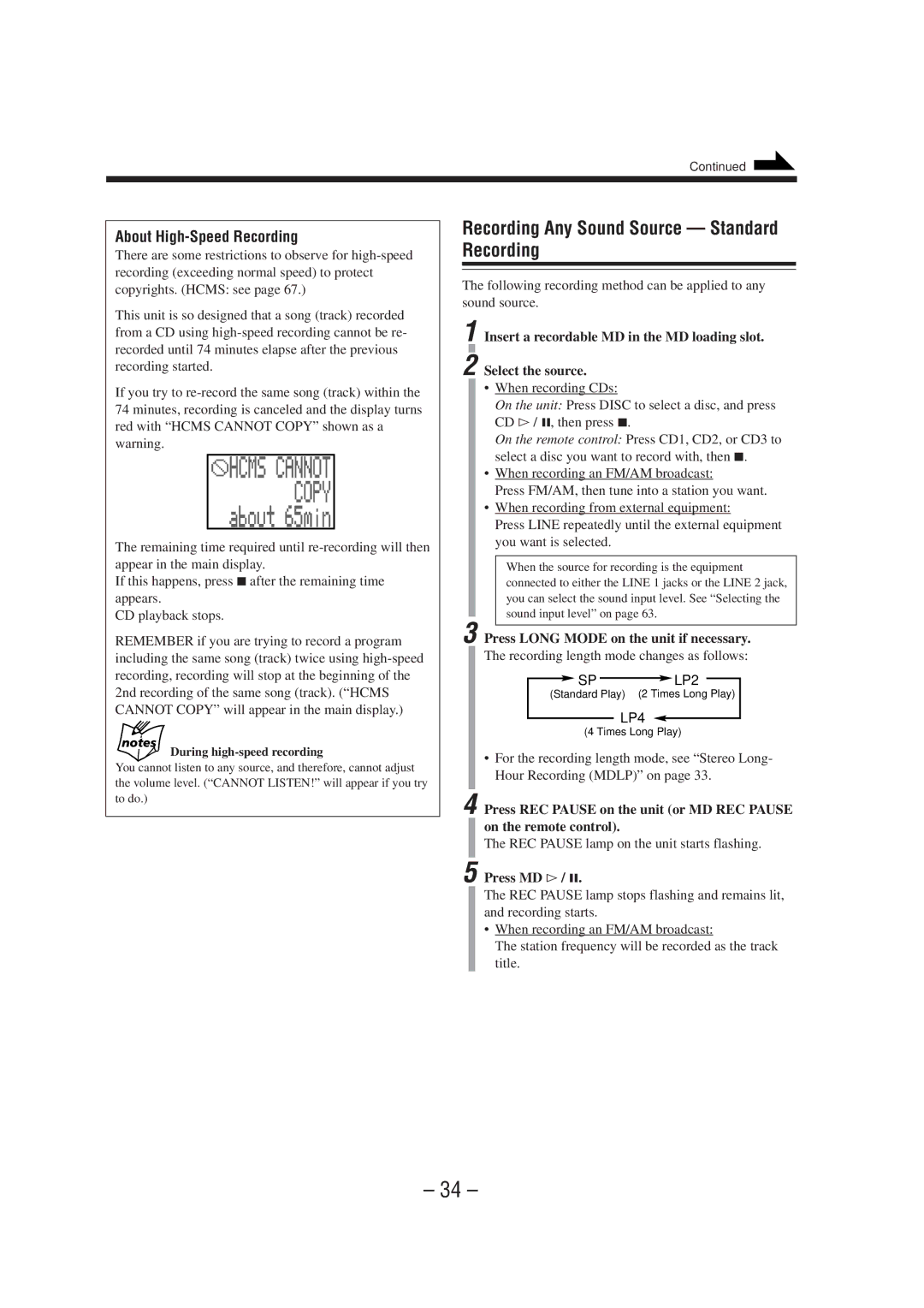 JVC CA-MXS6MD manual Recording Any Sound Source Standard Recording, About High-Speed Recording 