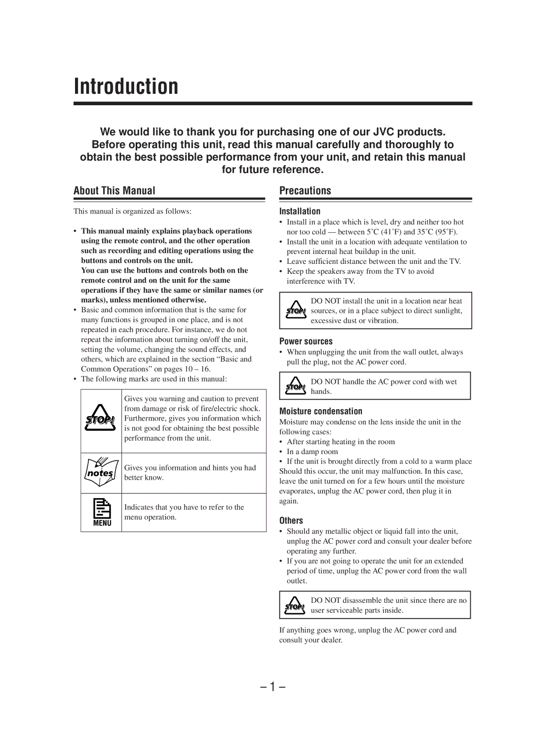 JVC CA-MXS6MD manual Introduction, Precautions 