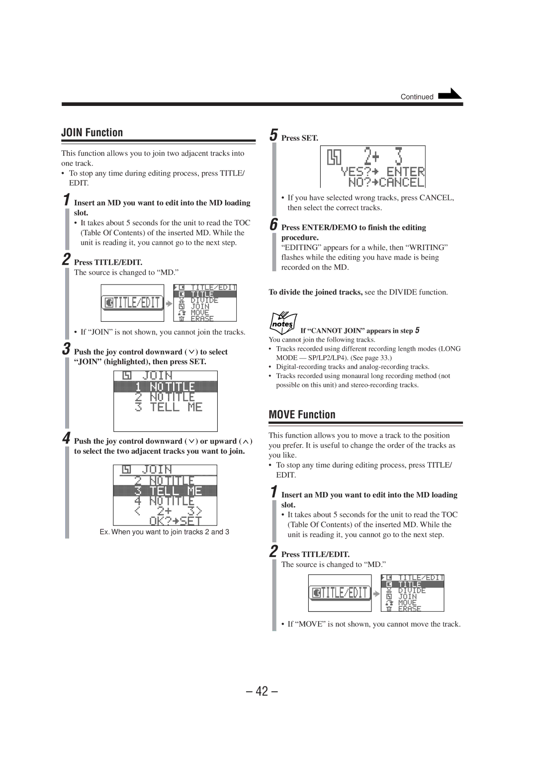 JVC CA-MXS6MD manual Join Function, Move Function, Press ENTER/DEMO to finish the editing procedure 