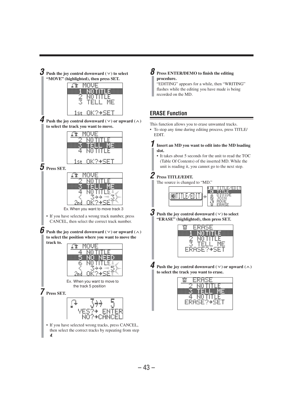 JVC CA-MXS6MD manual Erase Function, Push the joy control downward or upward, To select the track you want to move, Slot 