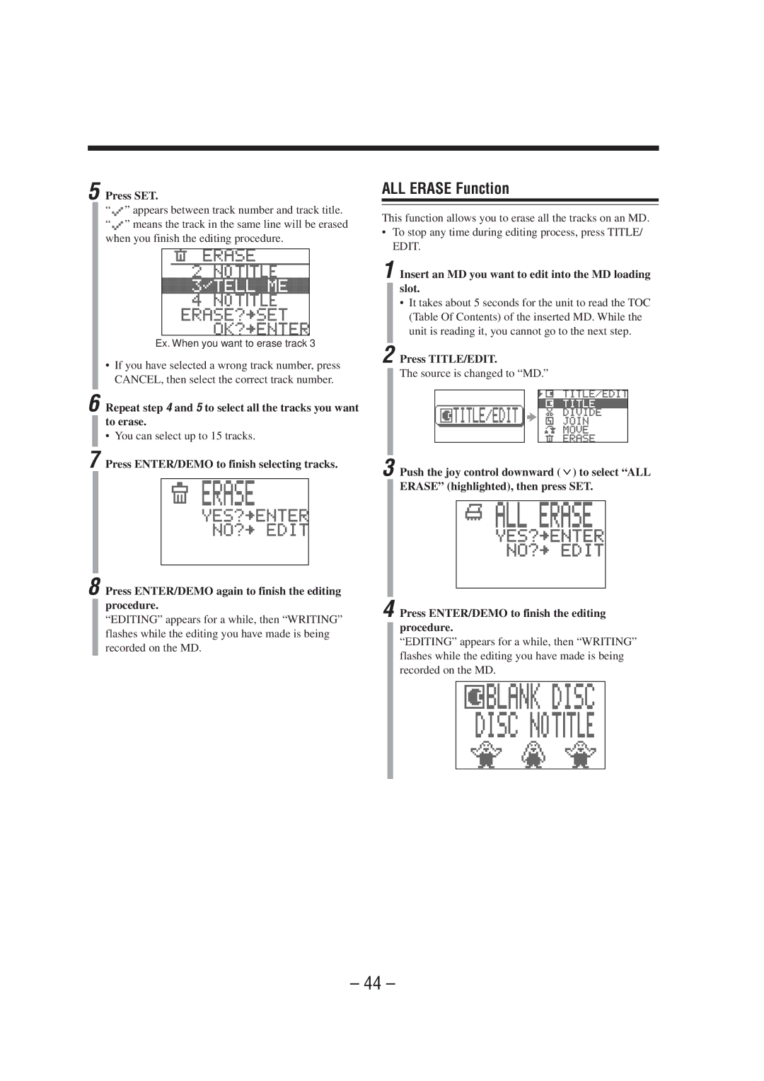 JVC CA-MXS6MD ALL Erase Function, Repeat and 5 to select all the tracks you want to erase, You can select up to 15 tracks 