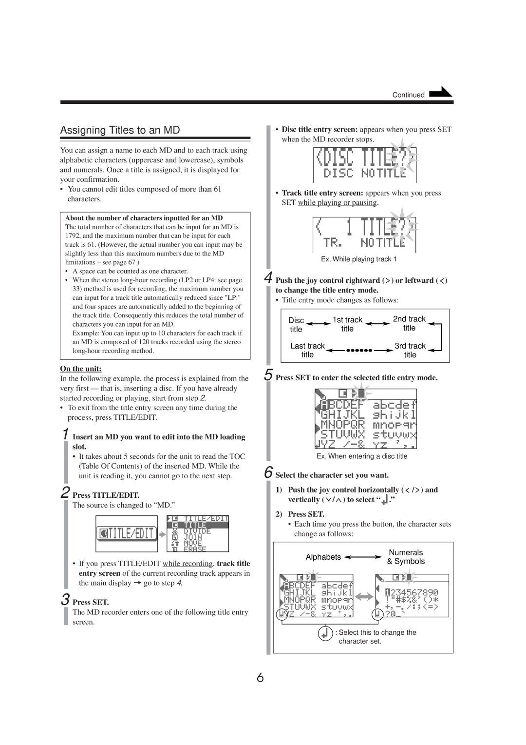 JVC CA-MXS6MD manual Assigning Titles to an MD, Title entry mode changes as follows 