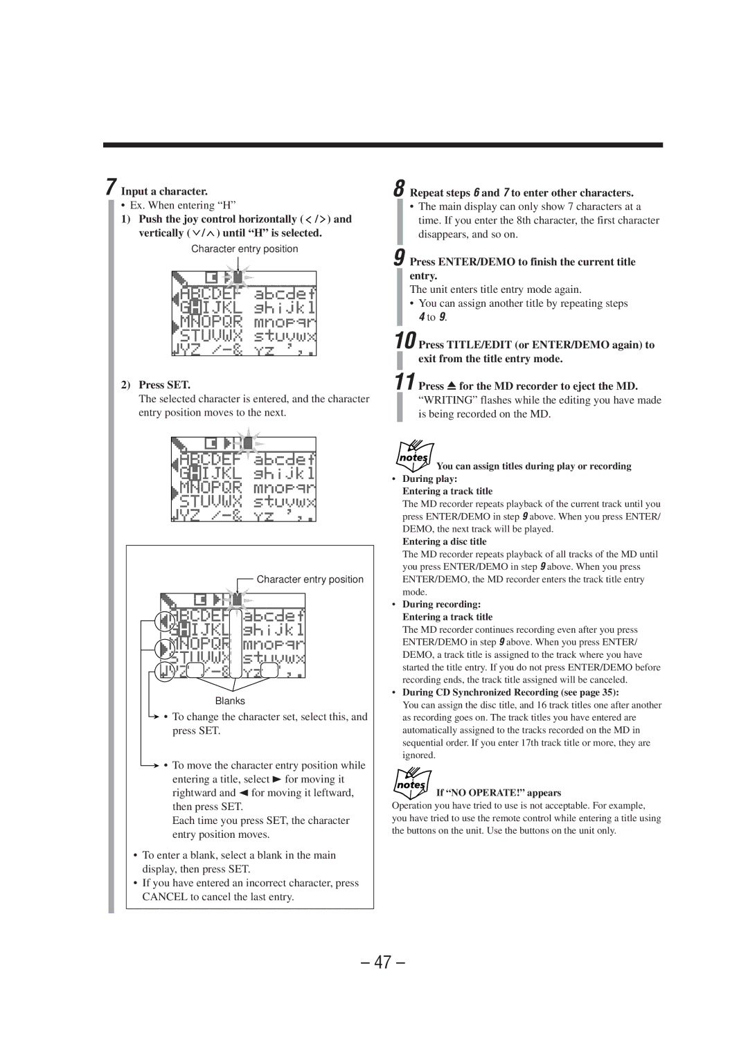 JVC CA-MXS6MD manual Input a character, Ex. When entering H, Repeat steps 6 and 7 to enter other characters 