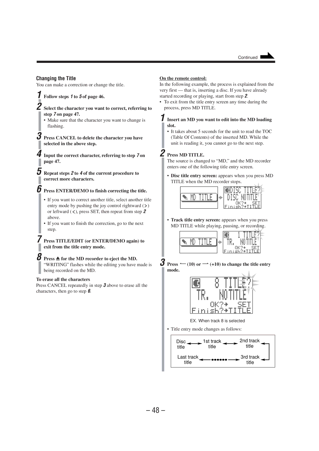 JVC CA-MXS6MD manual Changing the Title, To erase all the characters, Press MD Title 