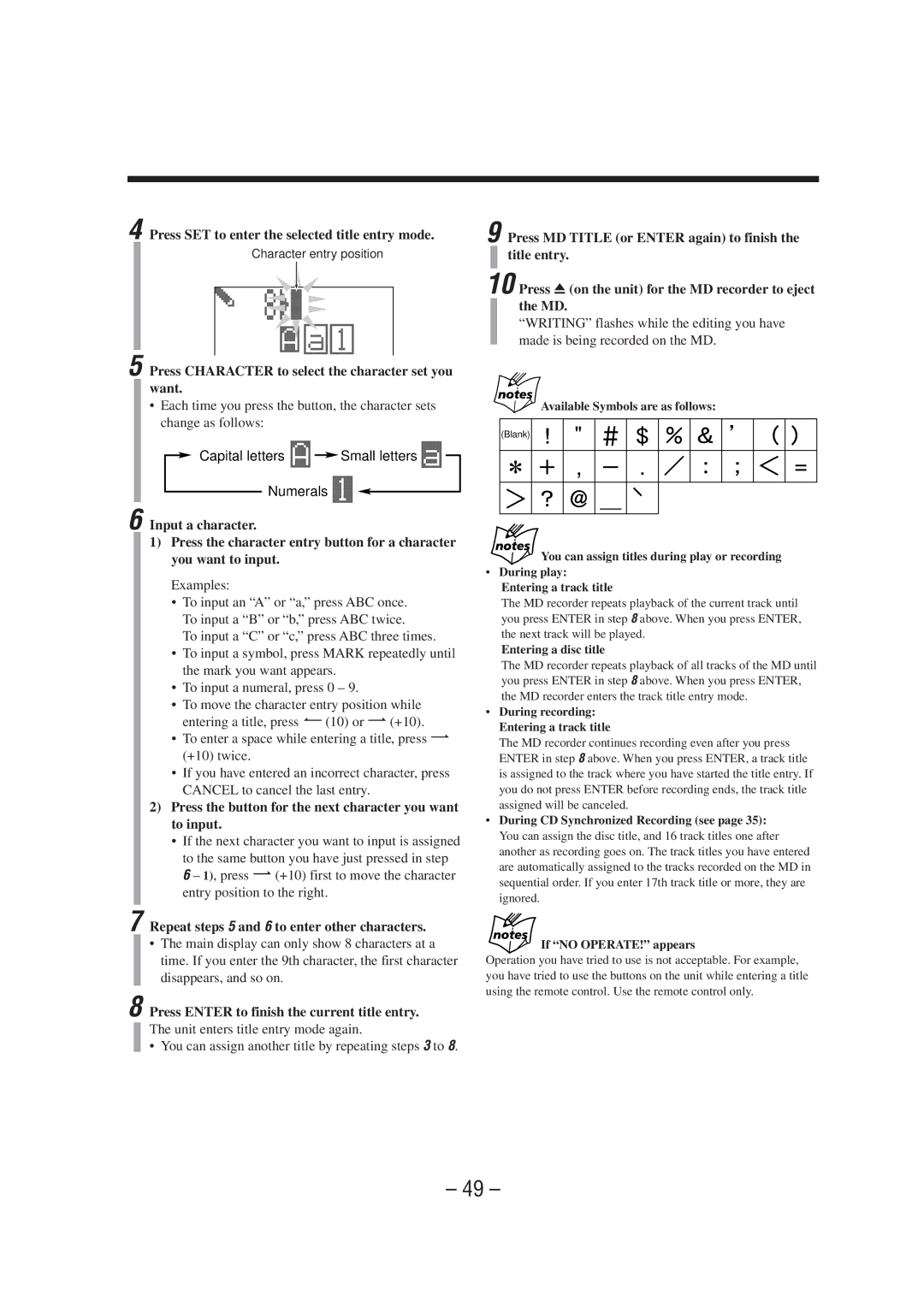 JVC CA-MXS6MD manual Title entry, Writing flashes while the editing you have, Made is being recorded on the MD 