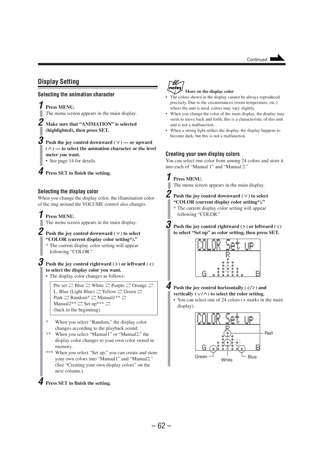 JVC CA-MXS6MD manual Display Setting, Selecting the animation character, Selecting the display color 