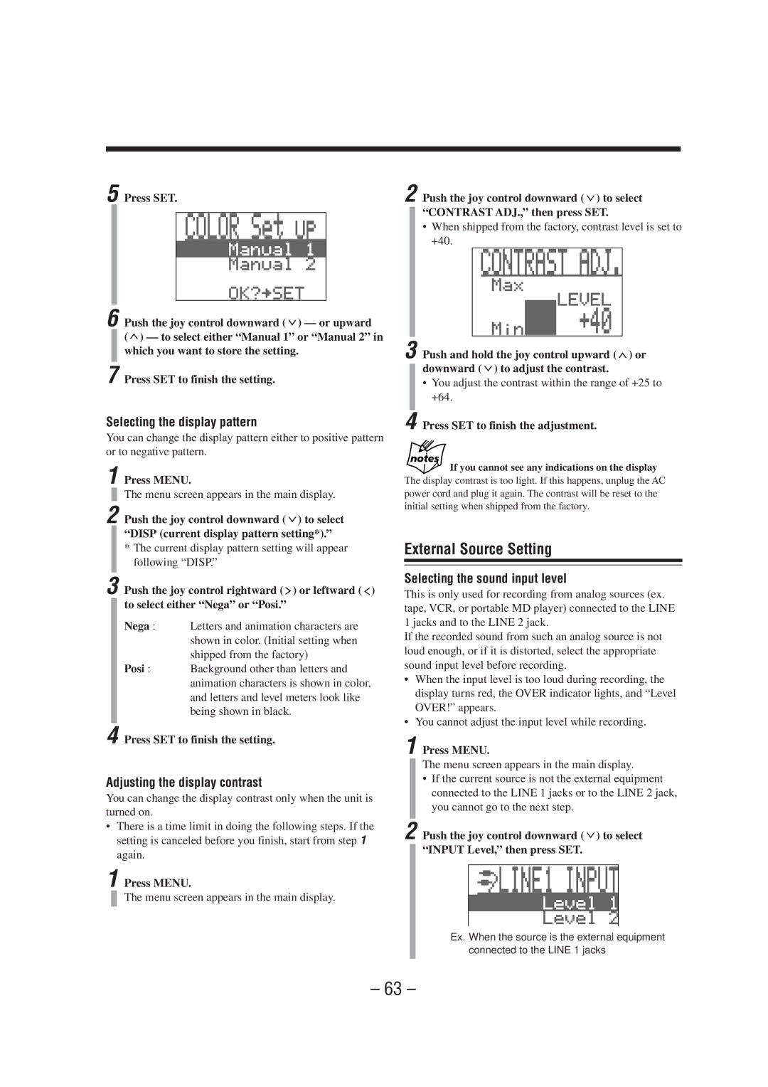 JVC CA-MXS6MD manual External Source Setting, Selecting the display pattern, Adjusting the display contrast 