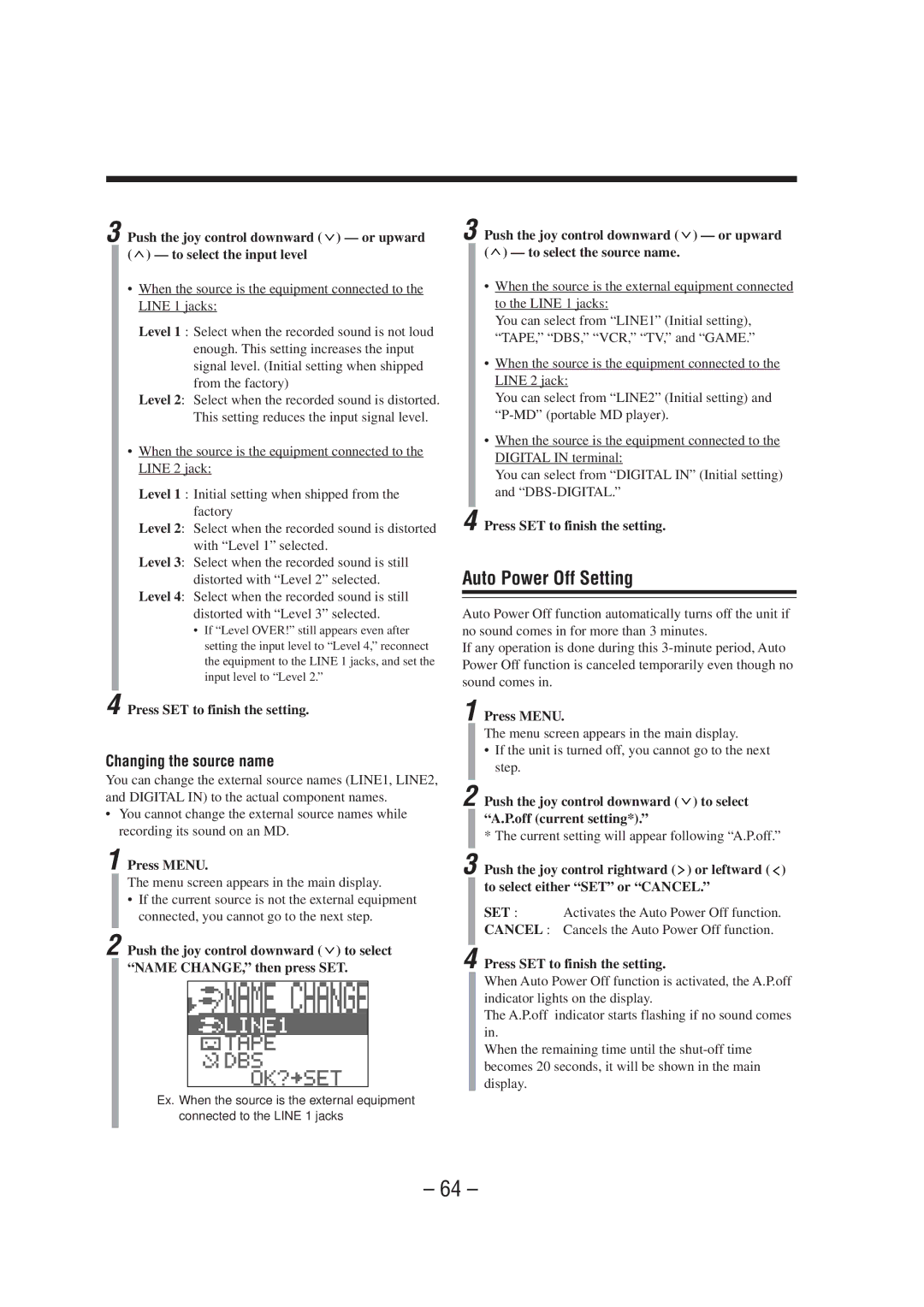 JVC CA-MXS6MD manual Auto Power Off Setting, Changing the source name, Current setting will appear following A.P.off 