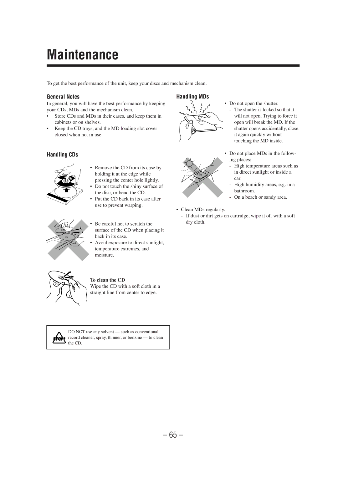 JVC CA-MXS6MD manual Maintenance, General Notes, Handling CDs, Handling MDs, To clean the CD 