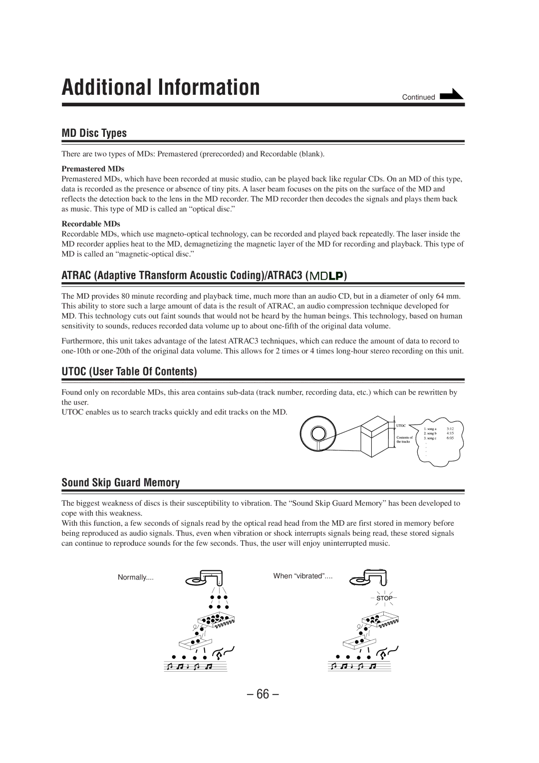 JVC CA-MXS6MD manual Additional Information, MD Disc Types, Atrac Adaptive TRansform Acoustic Coding/ATRAC3 