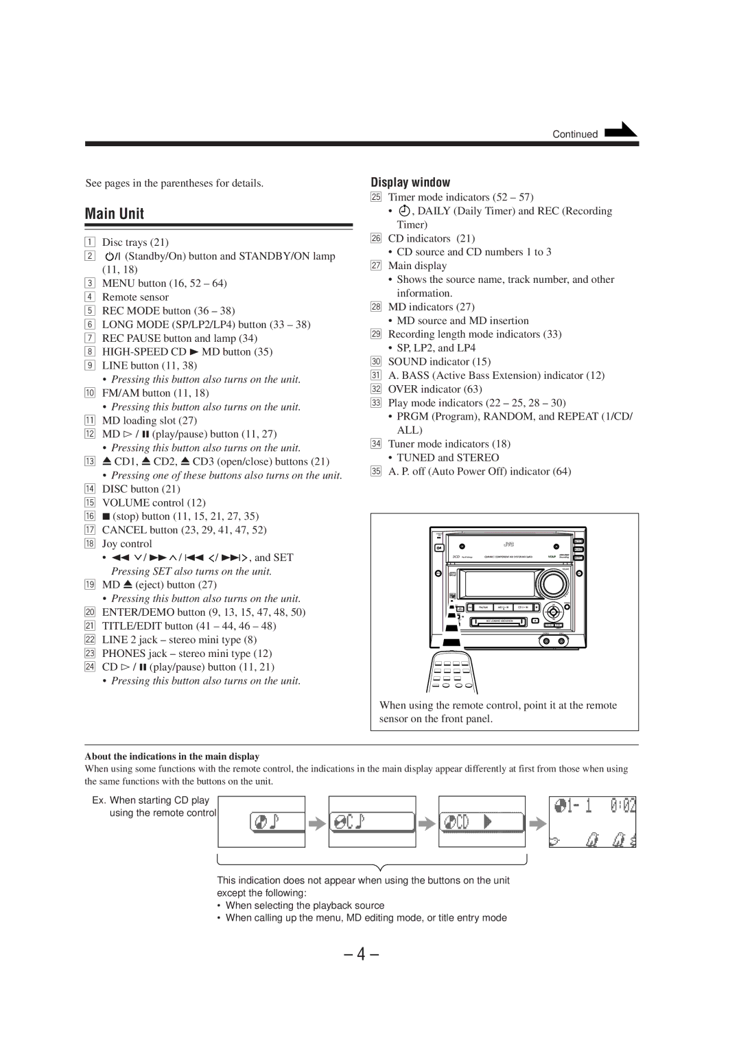 JVC CA-MXS6MD manual Main Unit, See pages in the parentheses for details, MD # / 8 play/pause button 11, MD 0eject button 