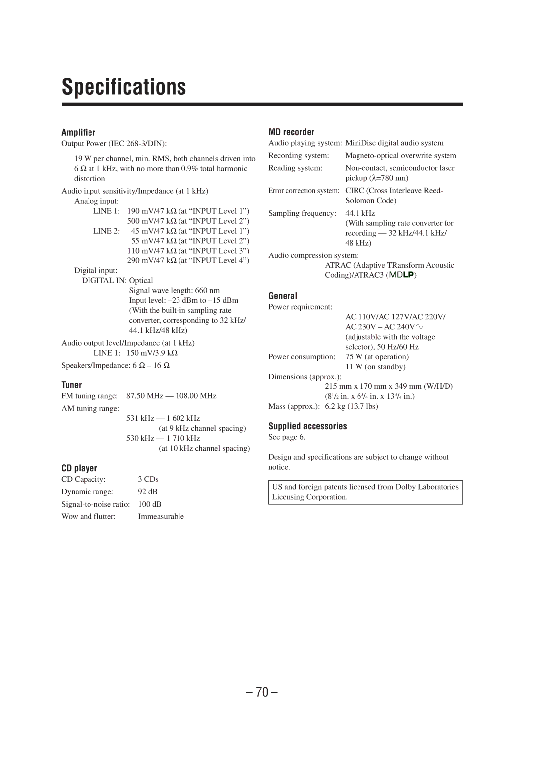 JVC CA-MXS6MD manual Specifications 