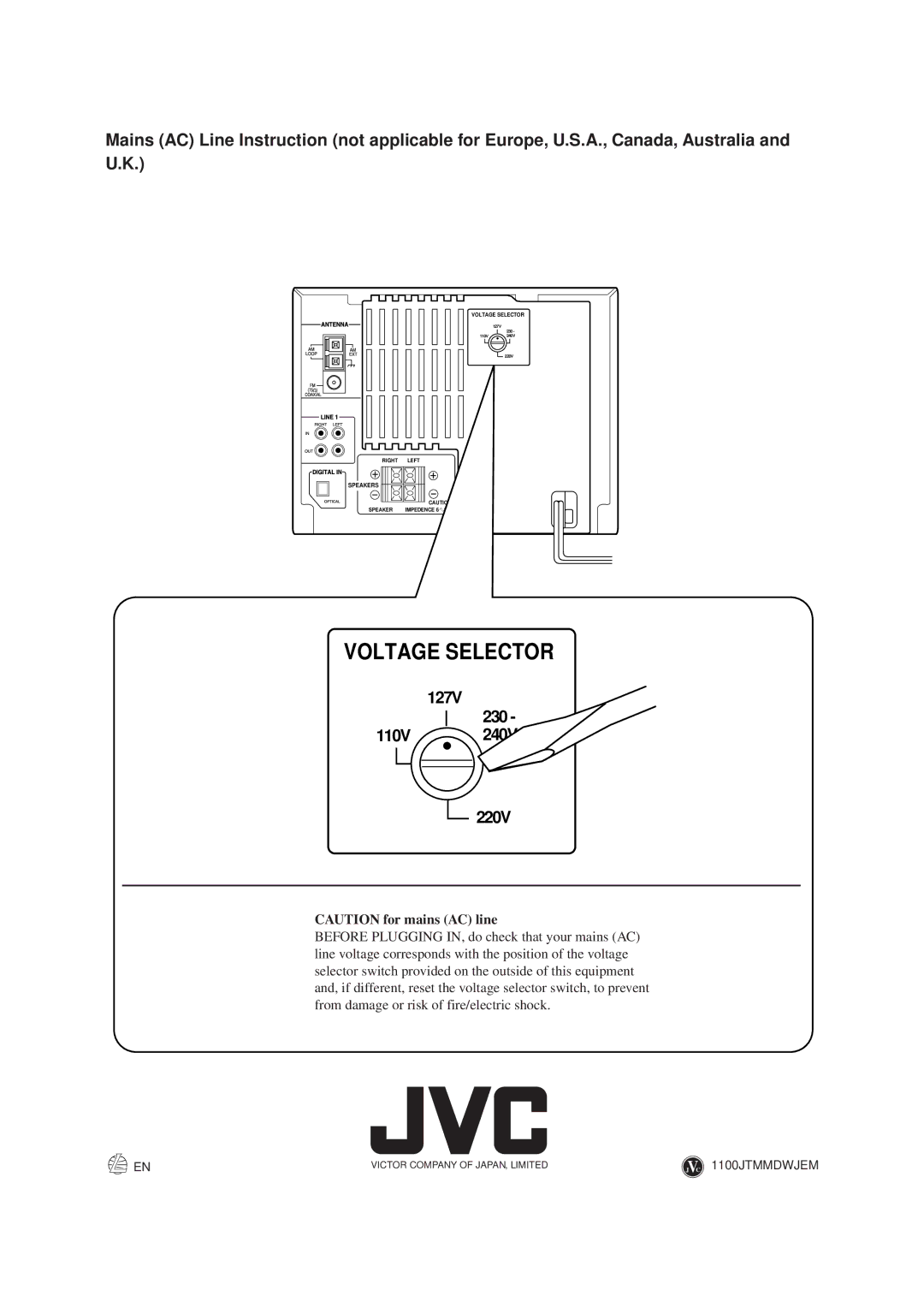 JVC CA-MXS6MD manual Voltage Selector 