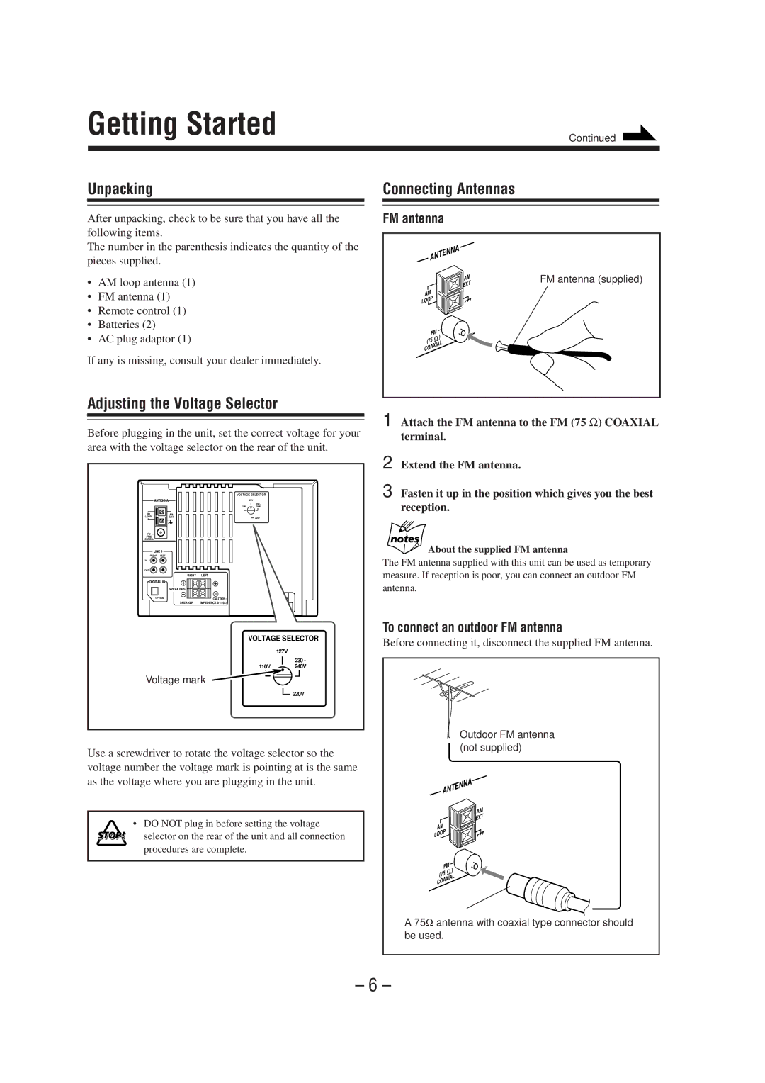 JVC CA-MXS6MD manual Getting Started, Unpacking, Adjusting the Voltage Selector, Connecting Antennas 