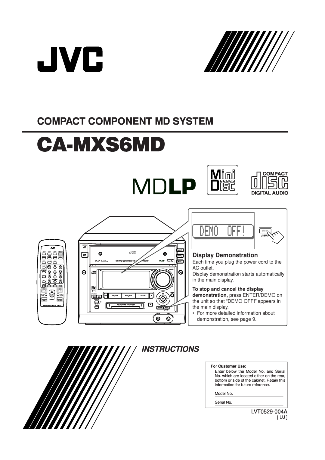 JVC CA-MXS6MD manual Display Demonstration, Compact Component Md System, Instructions, LVT0529-004A 