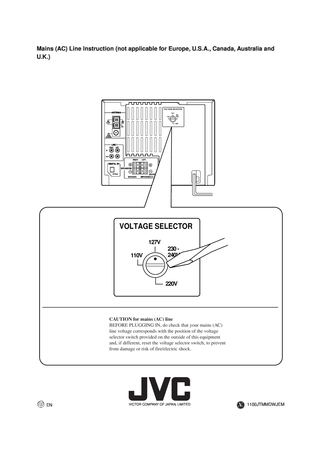 JVC CA-MXS6MD manual Voltage Selector, 127V, CAUTION for mains AC line 