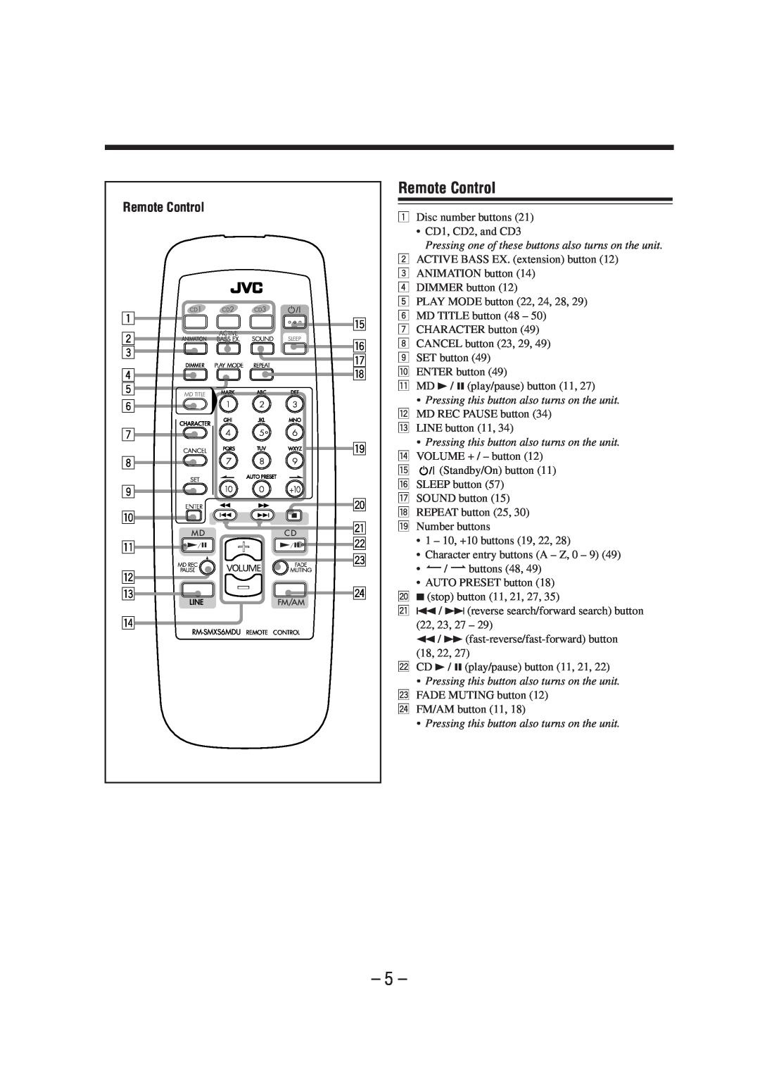 JVC CA-MXS6MD manual Remote Control 