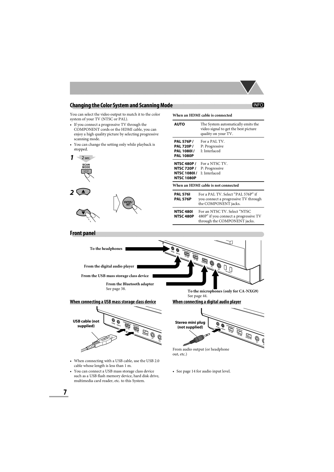 JVC CA-NXG9 manual Changing the Color System and Scanning Mode, Front panel, When connecting a digital audio player, Auto 