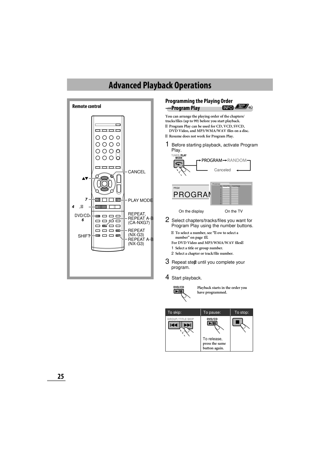 JVC CA-NXG9 manual Programming the Playing Order -Program Play, Before starting playback, activate Program Play 