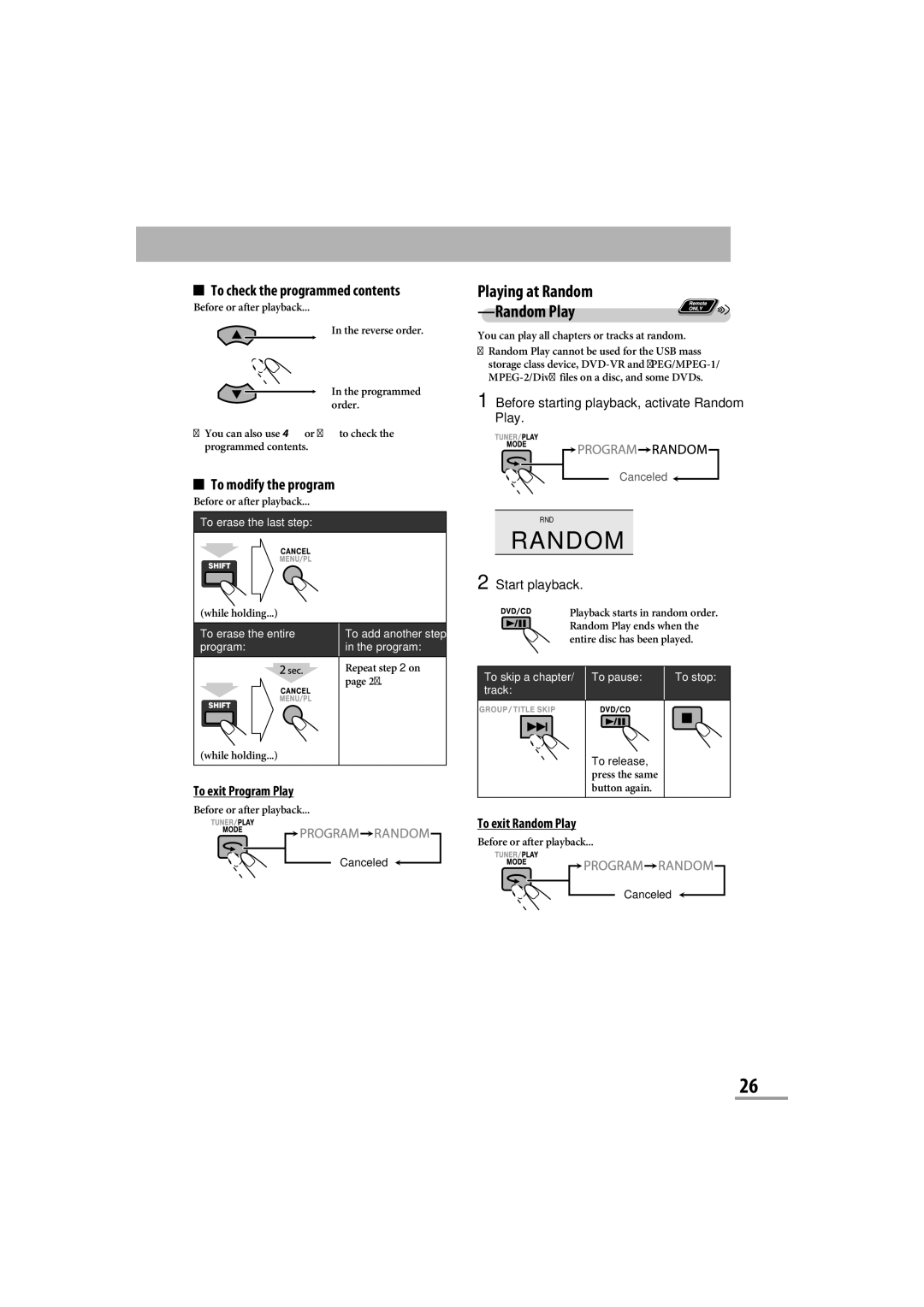 JVC CA-NXG9 manual Random, You can play all chapters or tracks at random 