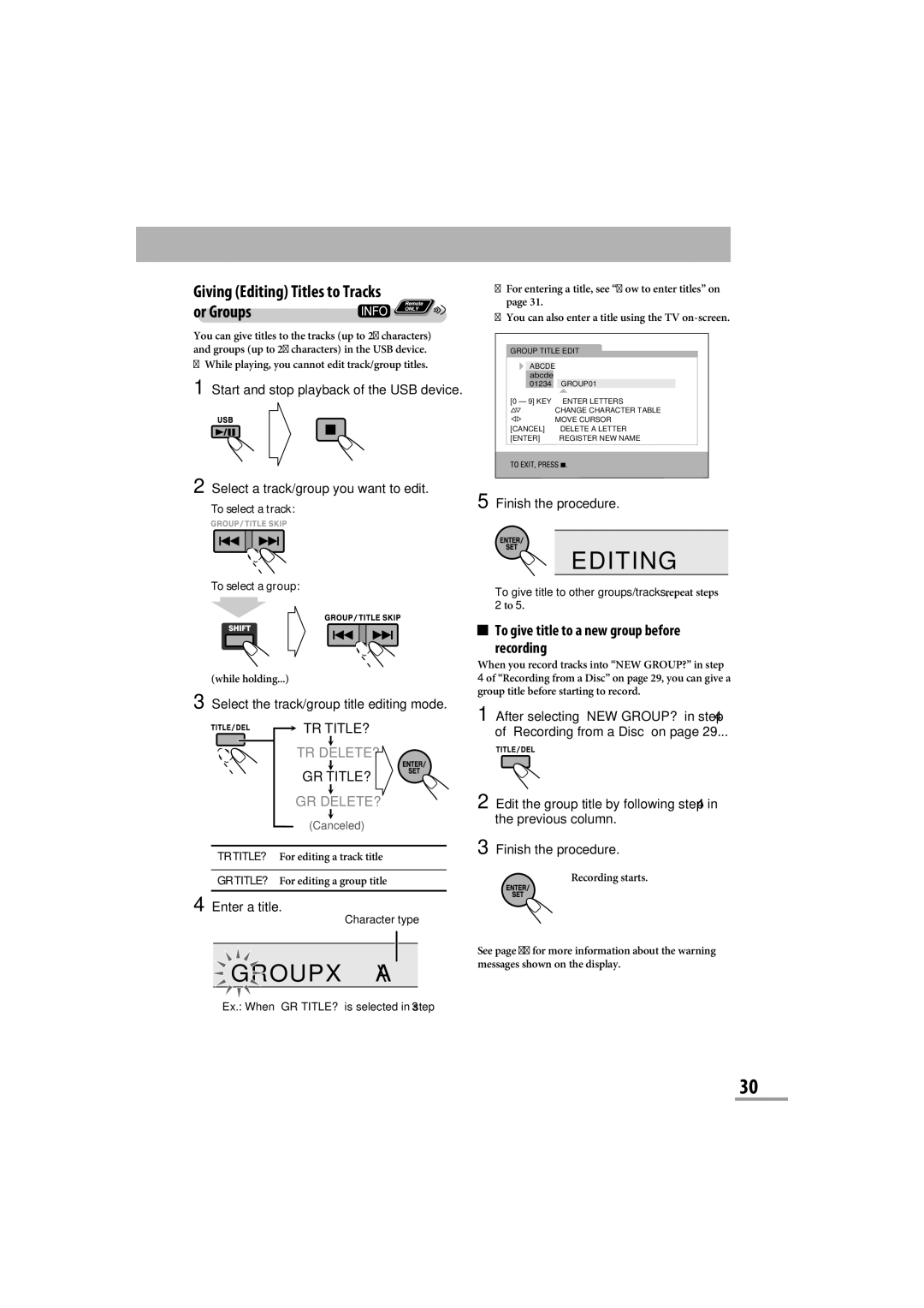 JVC CA-NXG9 manual Tr Title?, Gr Title?, Select a track/group you want to edit, Finish the procedure 