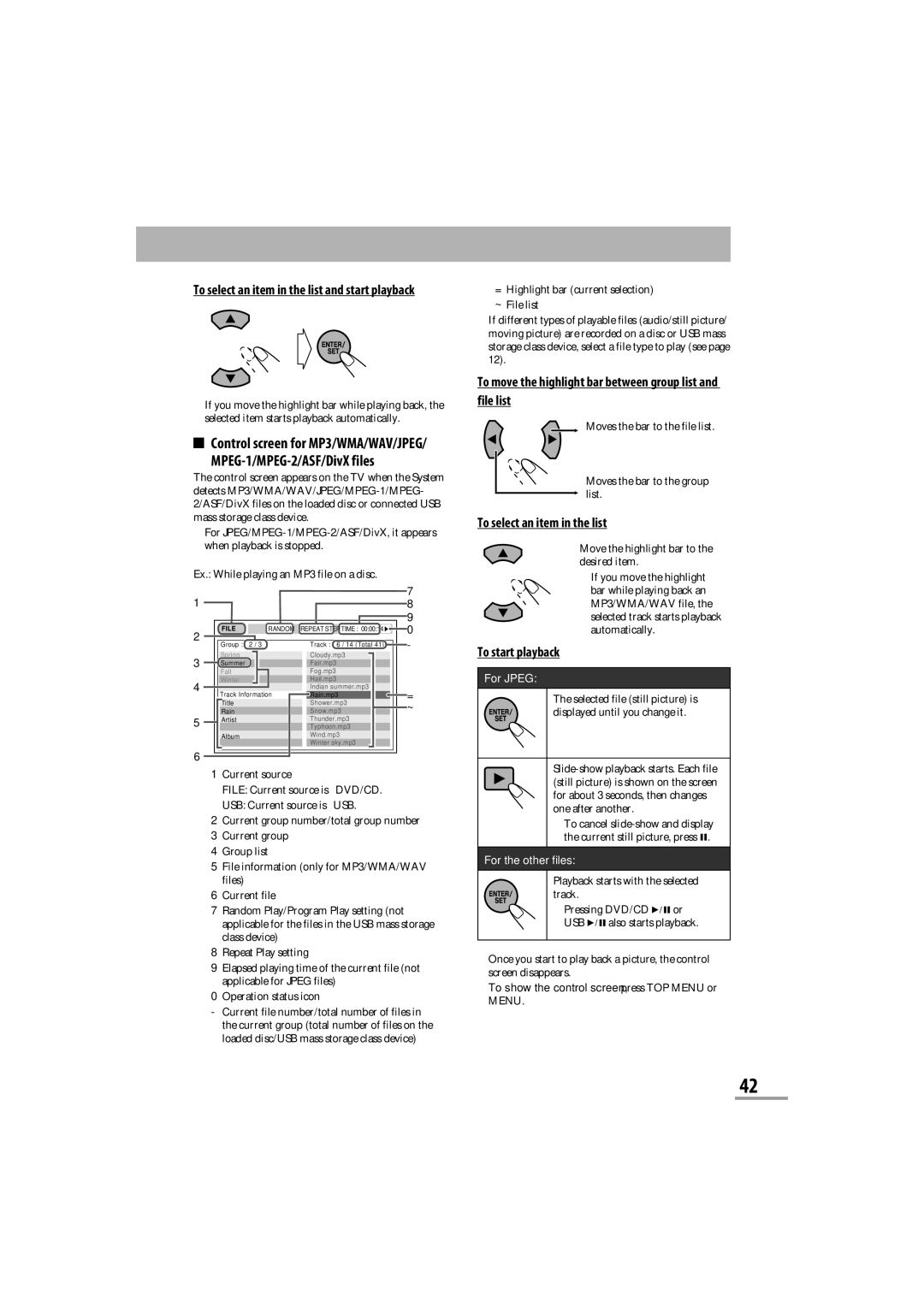 JVC CA-NXG9 manual To select an item in the list and start playback, To show the control screen, press TOP Menu or Menu 