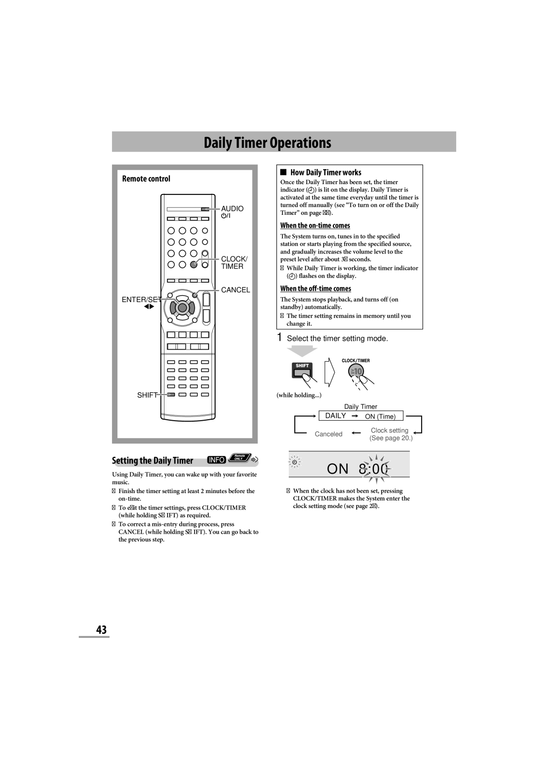 JVC CA-NXG9 manual Daily Timer Operations, Remote control 