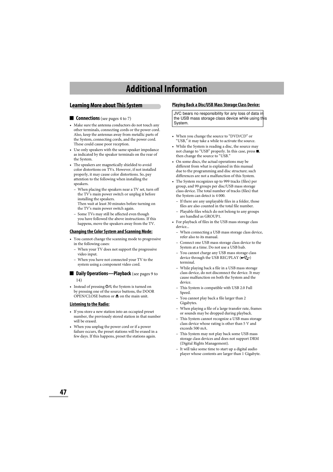 JVC CA-NXG9 manual Additional Information 