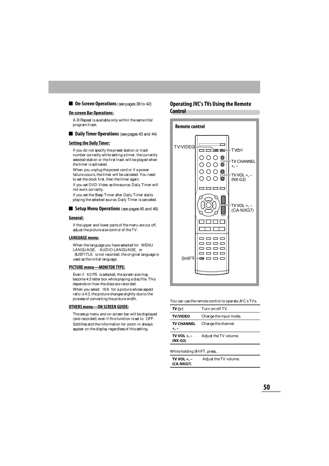 JVC CA-NXG9 Daily Timer Operations see pages 43 Setting the Daily Timer, Setup Menu Operations see pages 45 General, NX-G3 