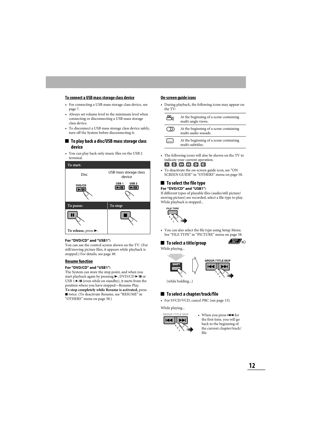 JVC CA-NXG9 manual To play back a disc/USB mass storage class device, To select the file type, To select a title/group 