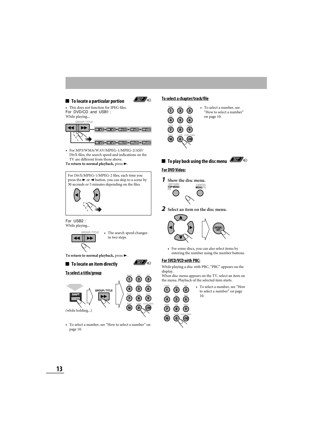 JVC CA-NXG9 manual To locate a particular portion, To locate an item directly, To play back using the disc menu 