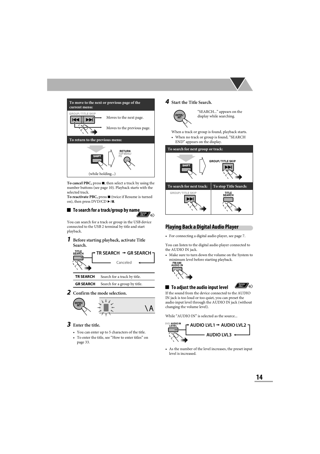 JVC CA-NXG9 Playing Back a Digital Audio Player, To adjust the audio input level, To search for a track/group by name 