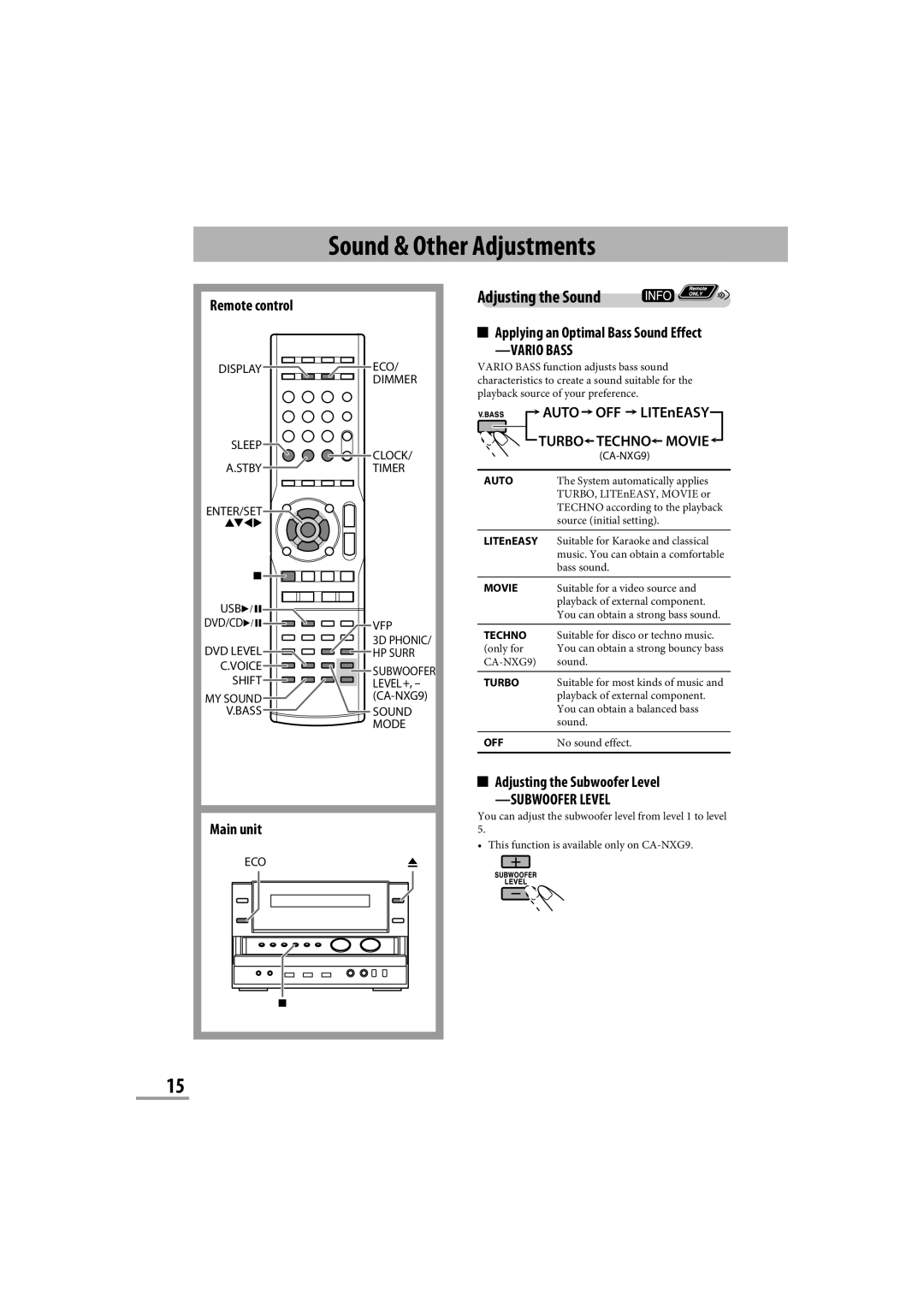 JVC CA-NXG9 manual Sound & Other Adjustments, Adjusting the Sound, Applying an Optimal Bass Sound Effect 