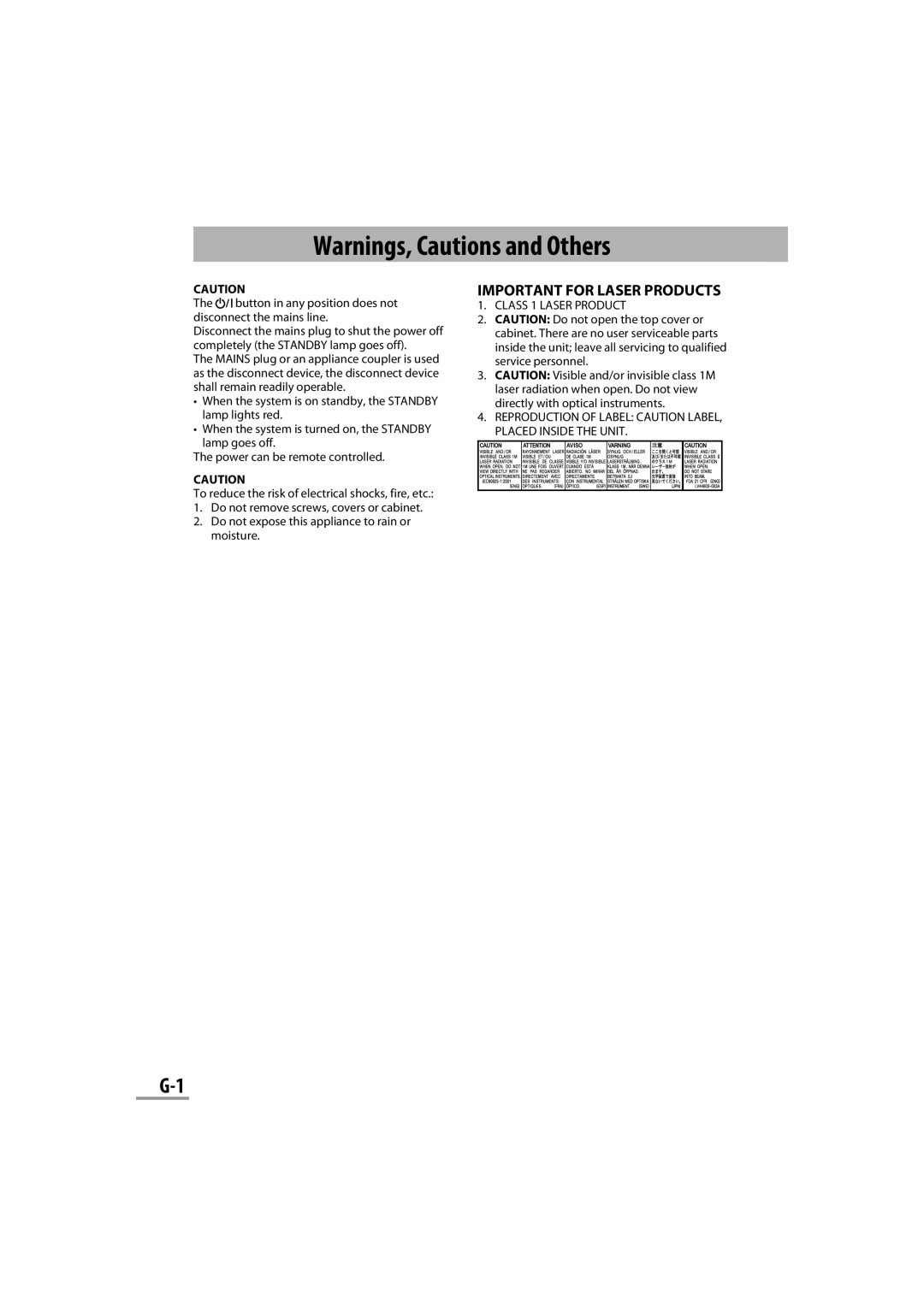 JVC CA-NXG9 manual Important for Laser Products 