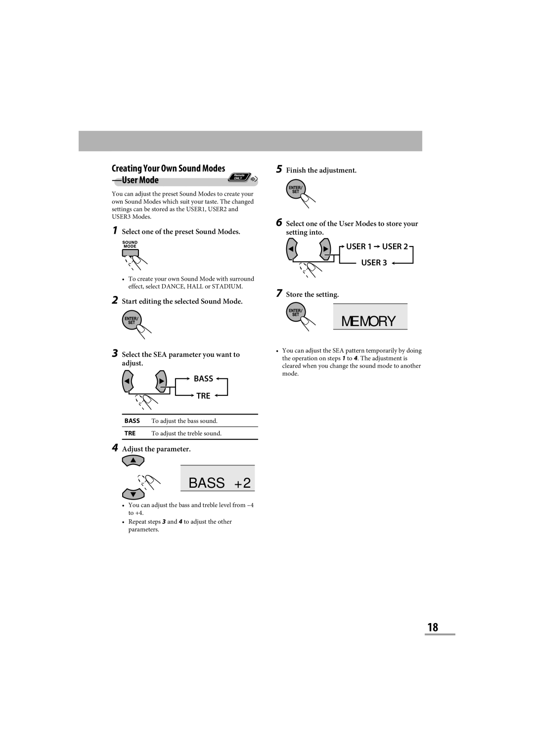 JVC CA-NXG9 manual Memory, Bass +2, Creating Your Own Sound Modes -User Mode, Bass TRE, User 1 User 