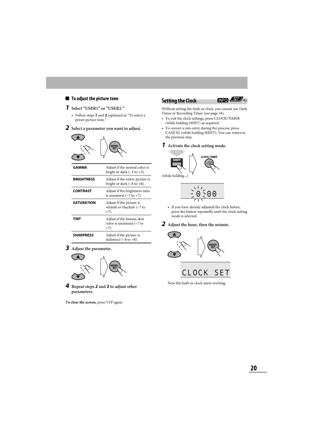 JVC CA-NXG9 manual Clock SET, Setting the Clock, To adjust the picture tone 