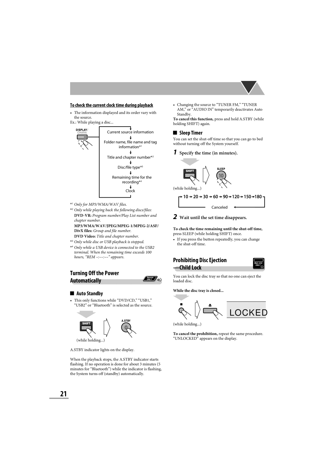 JVC CA-NXG9 Locked, Turning Off the Power Automatically, Prohibiting Disc Ejection Child Lock, Auto Standby, Sleep Timer 