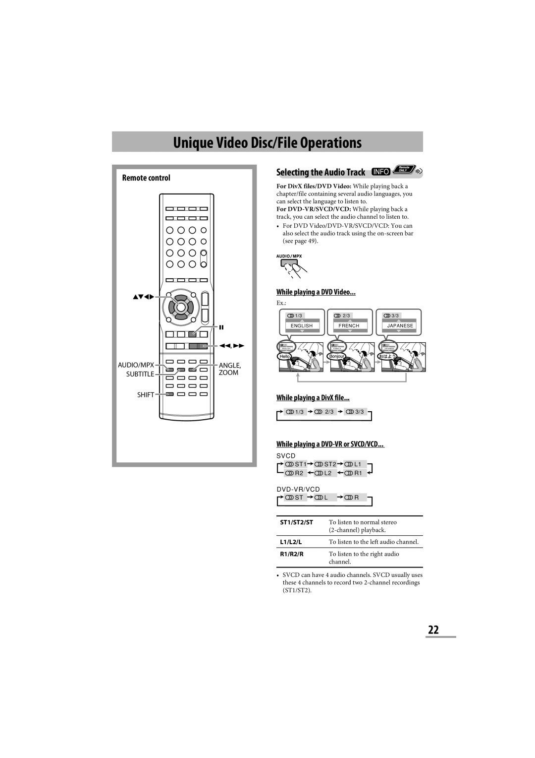 JVC CA-NXG9 manual Unique Video Disc/File Operations, Selecting the Audio Track, While playing a DVD Video, ST1/ST2/ST 