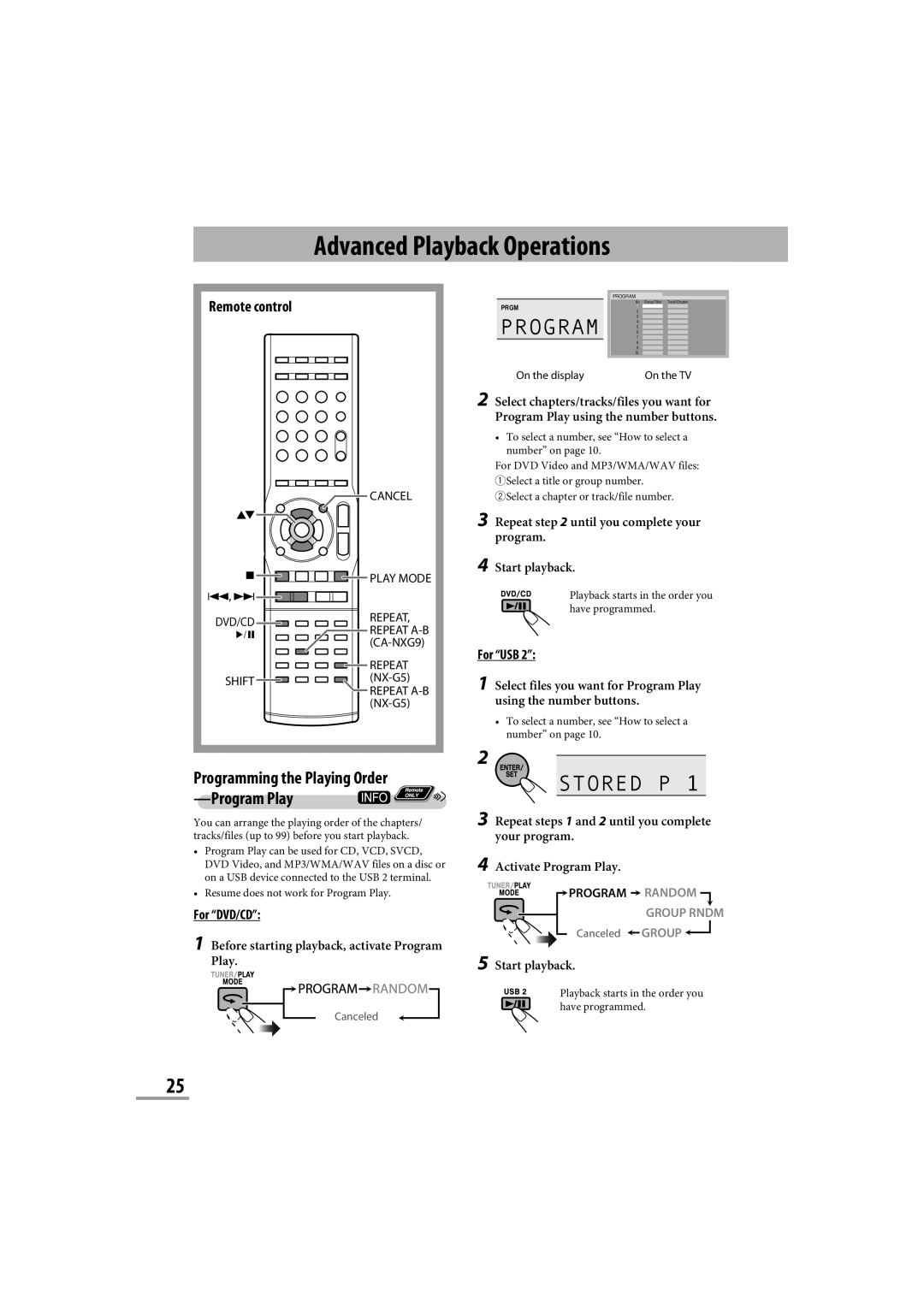 JVC CA-NXG9 manual Advanced Playback Operations, Programming the Playing Order, Program Play, For USB, For DVD/CD 