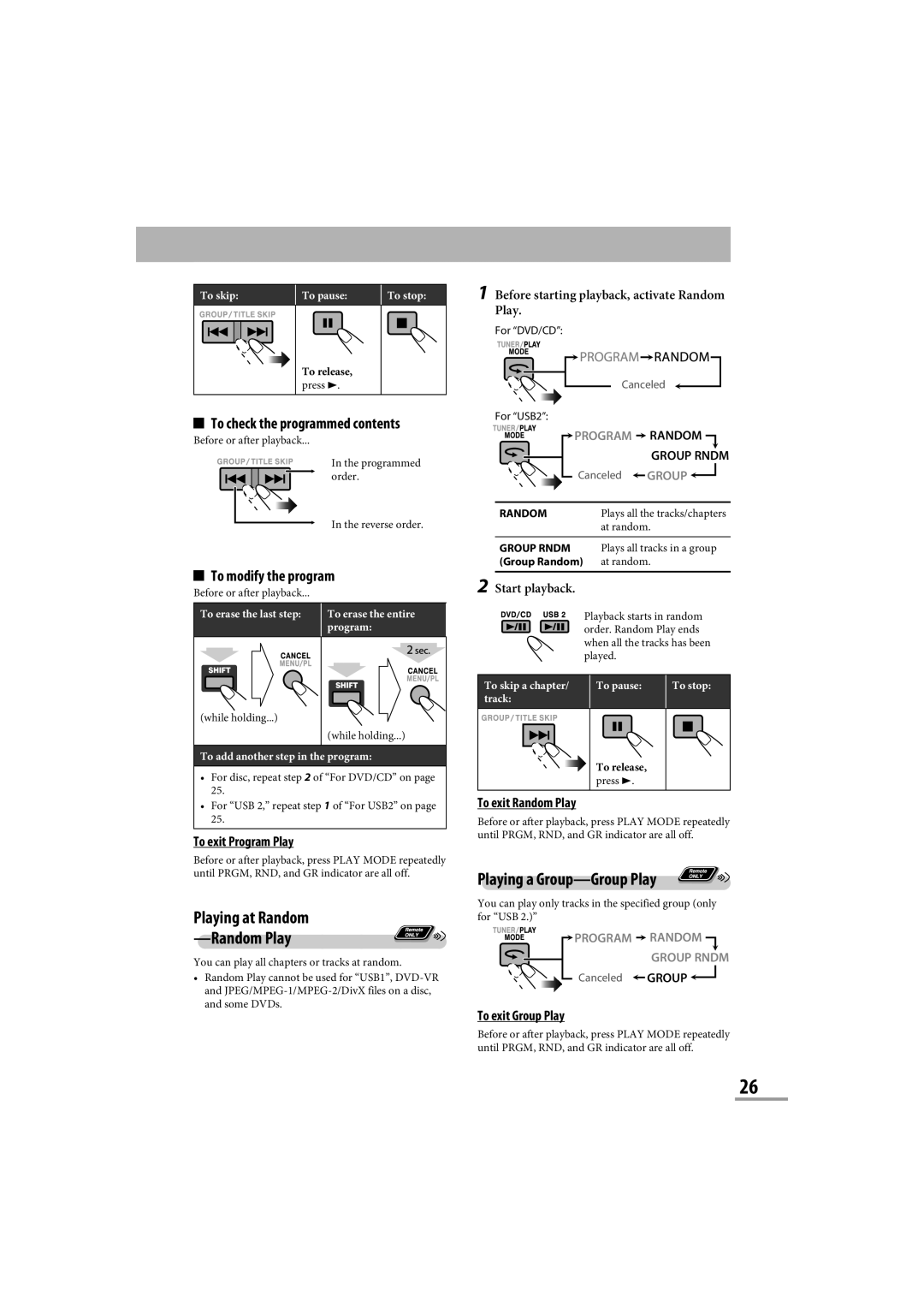 JVC CA-NXG9 manual Playing at Random Random Play, Playing a Group-Group Play, To check the programmed contents 