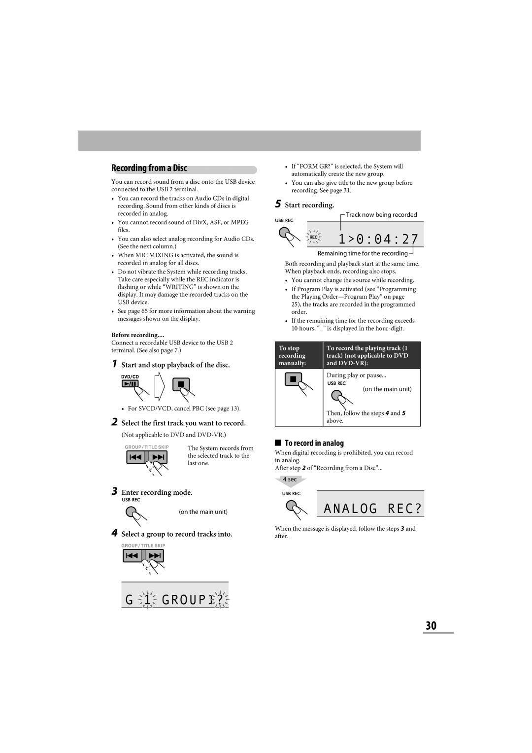 JVC CA-NXG9 manual Analog REC?, Recording from a Disc, To record in analog 